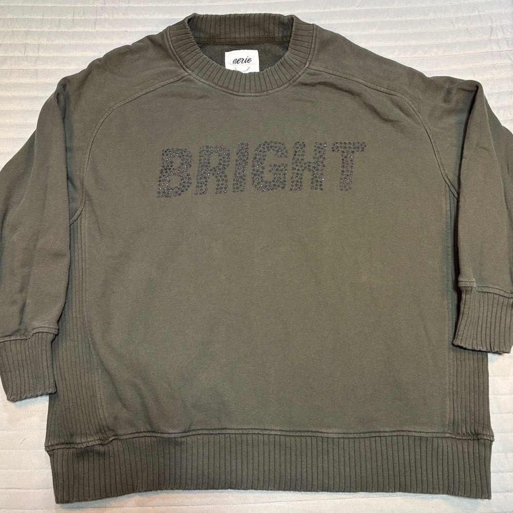 Aerie Womens Crewneck Sweatshirt BRIGHT Pullover Top Army Green Size Large Cozy
